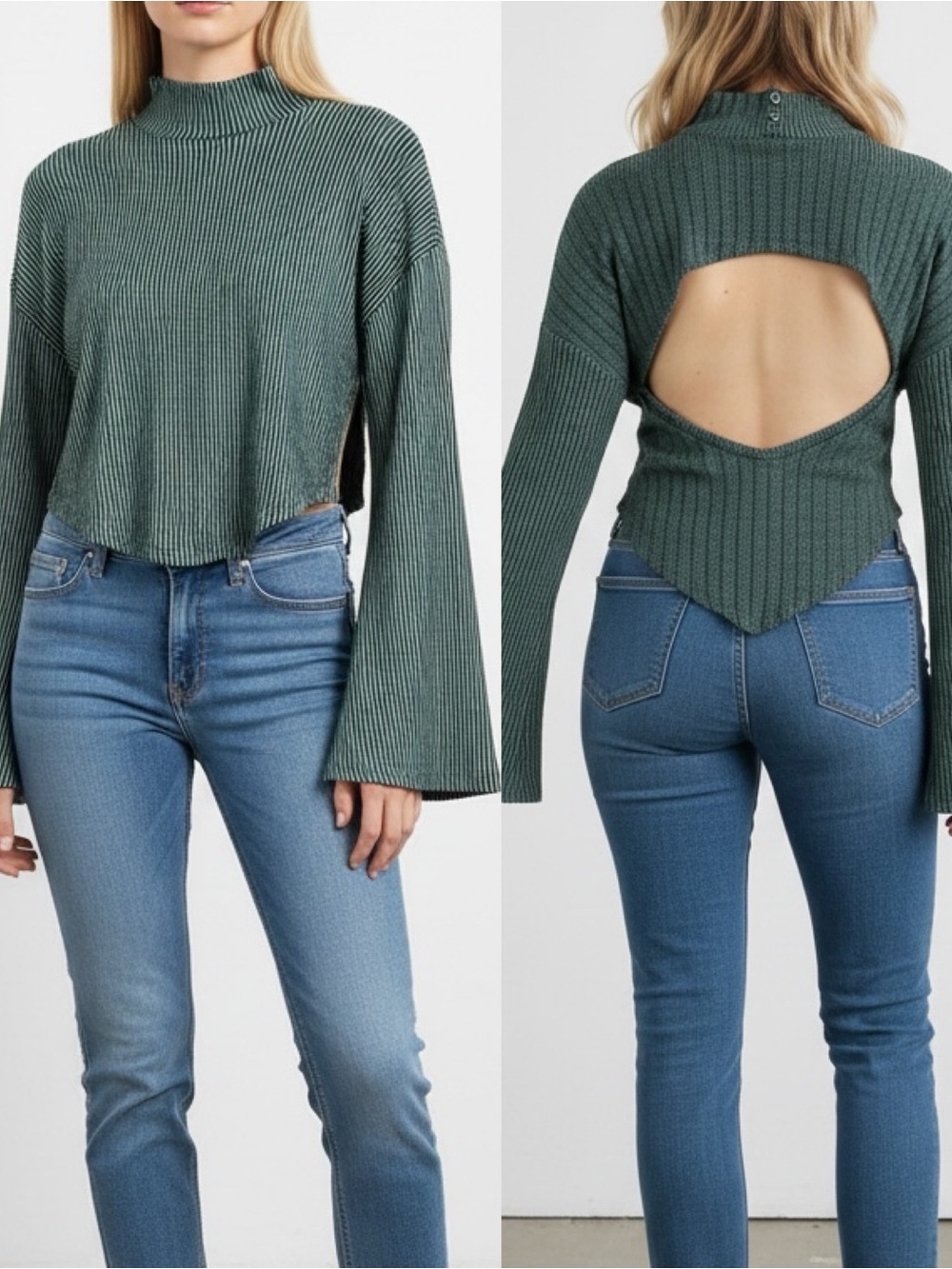 Free People FP Beach Flare Sleeve Cutout‎ Back Green Stripe Top